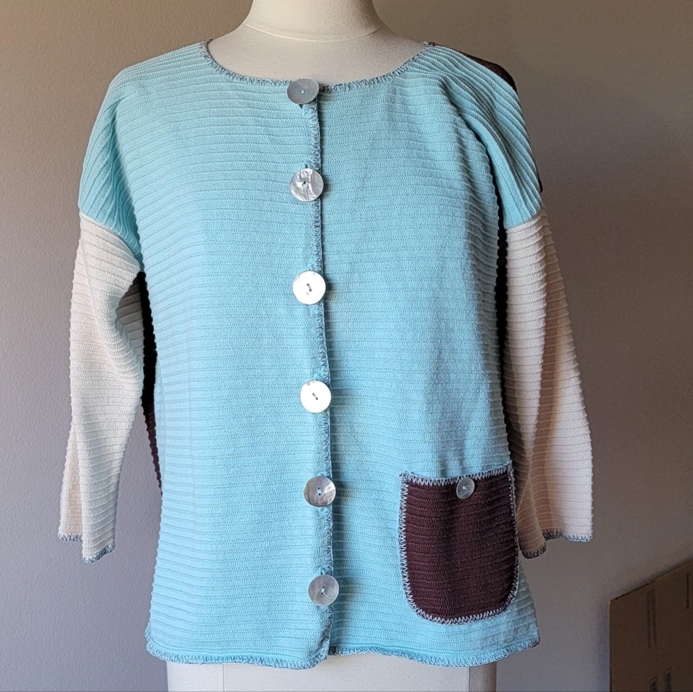 Margaret Winters Colorblock Button-Up Cardigan Size M Made In USA